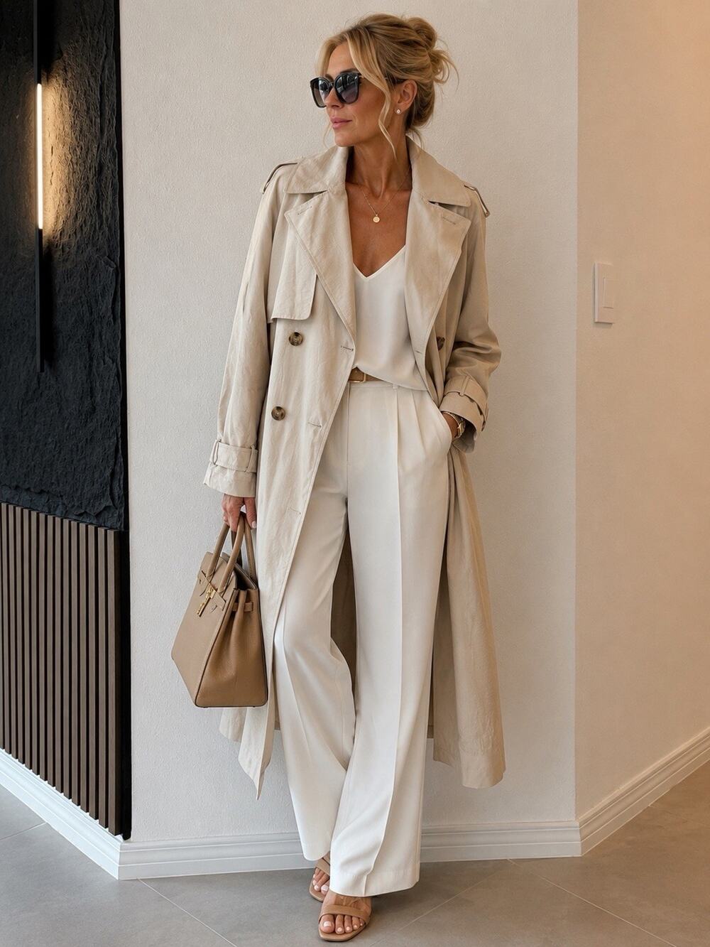 Chico's Smokey Taupe Double Breasted Long Belted Jacket Classic Coat Size 3 NWT